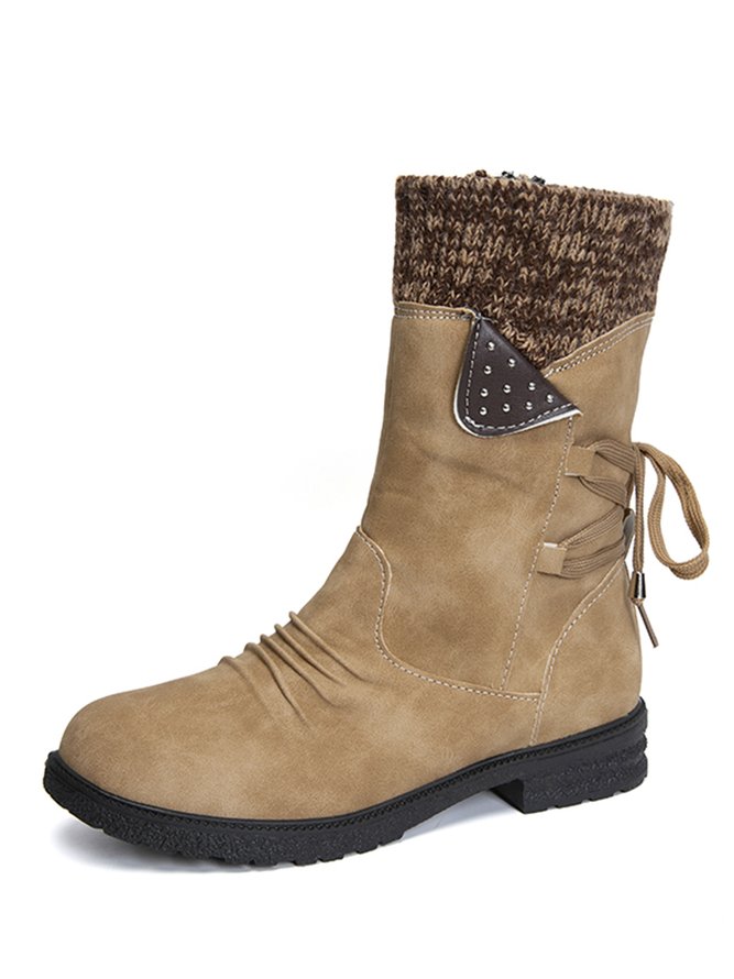 Wolle Patchwork Nieten Warm Zurück Spitze-oben Retro Lässig Stiefelette