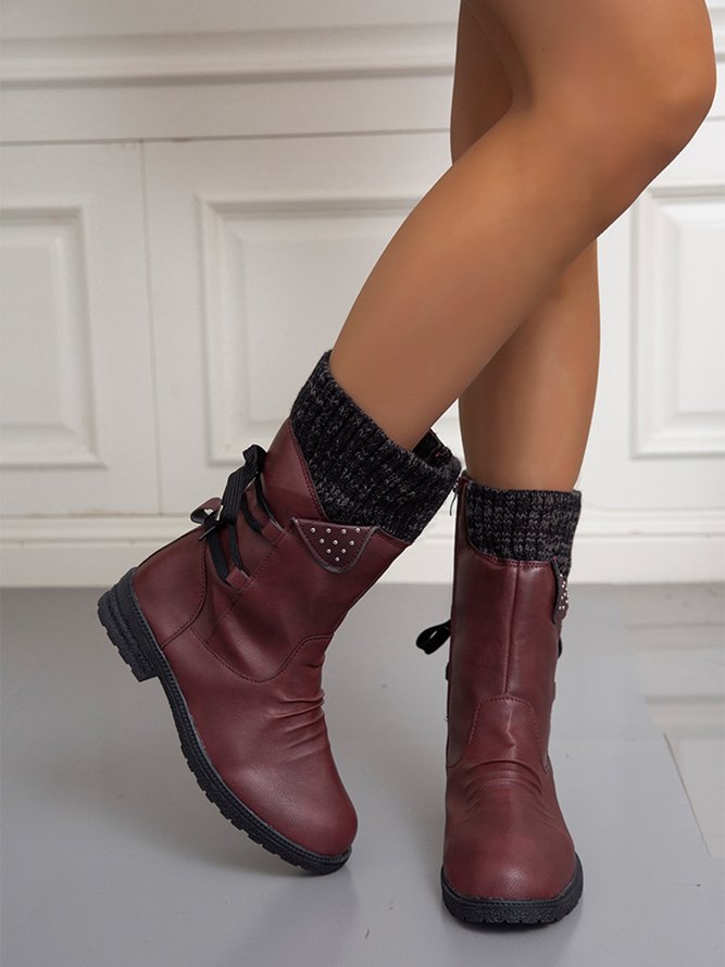 Wolle Patchwork Nieten Warm Zurück Spitze-oben Retro Lässig Stiefelette