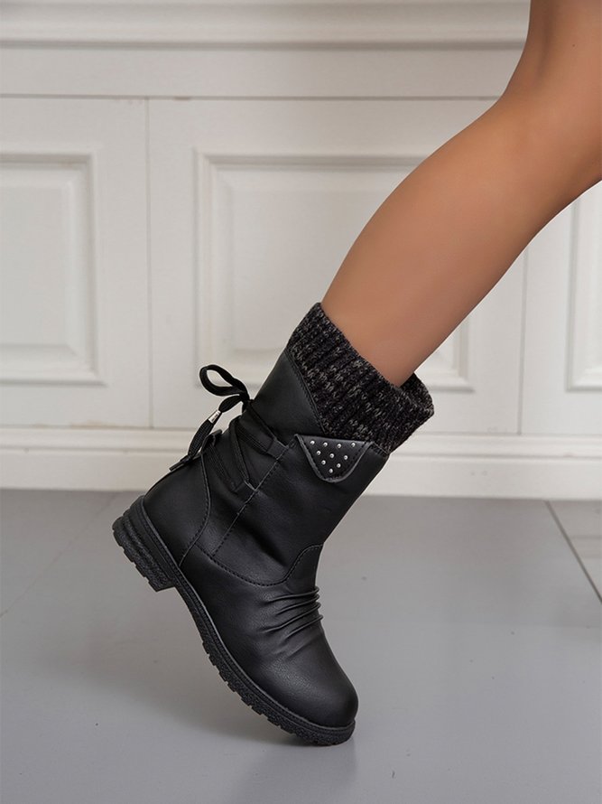 Wolle Patchwork Nieten Warm Zurück Spitze-oben Retro Lässig Stiefelette