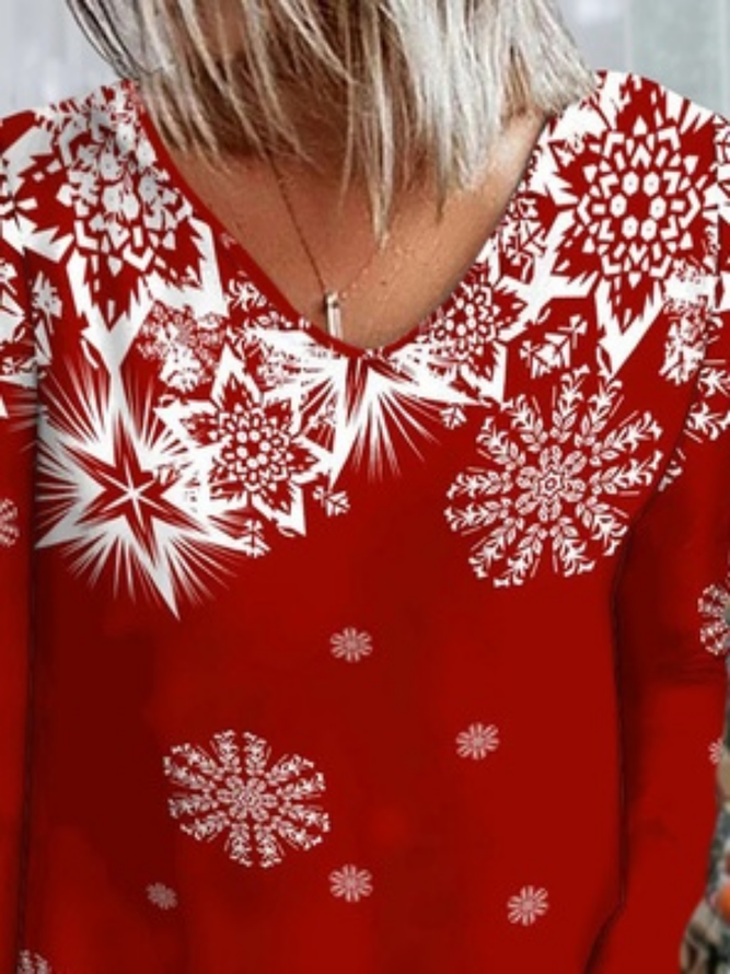 Weihnachten Schneeflocke Langarm V-Ausschnitt Lässig T-Bluse