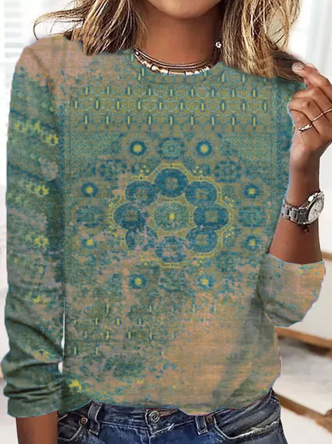 Ethnisch Print Shirt Jersey Rundhals Langarm Noracora