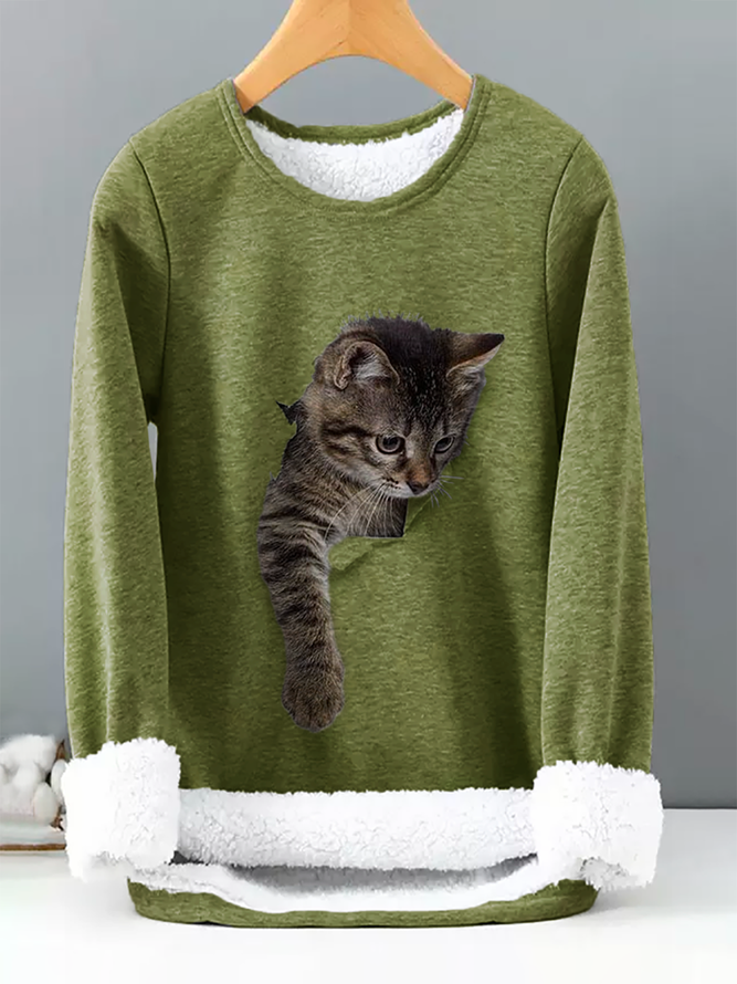 Rundhals Katze Lässig Wärme Sweatshirt Dicken Fleece Weiche
