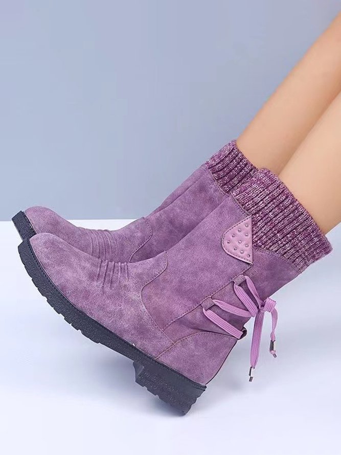 Wolle Patchwork Nieten Warm Zurück Spitze-oben Retro Lässig Stiefelette
