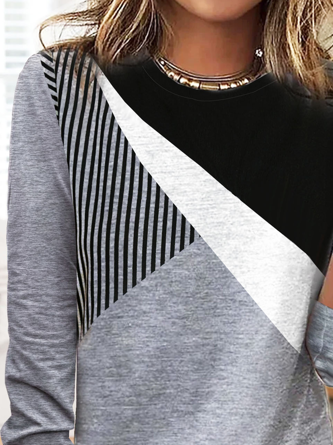 Gestreift Lässig Herbst Jersey Langarm Rundhals H-Linie Regelmäßig Regelmäßig Größe T-Shirt für Damen