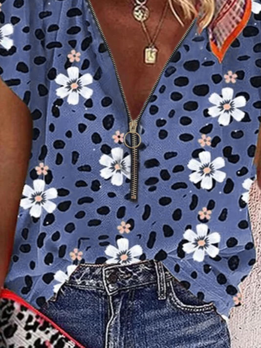 Blau V-Ausschnitt Blumenmuster Reißverschluss Lässig Normal Kurzarm T-Shirt