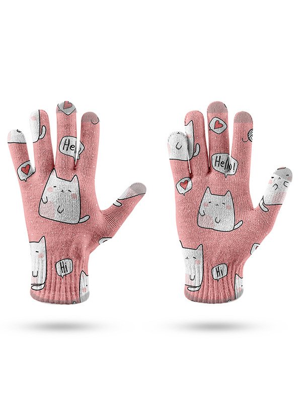 Lässig Katzenmuster Baumwolle fünf Finger Handschuhe Herbst Winter Spaß Kartoon Zubehör