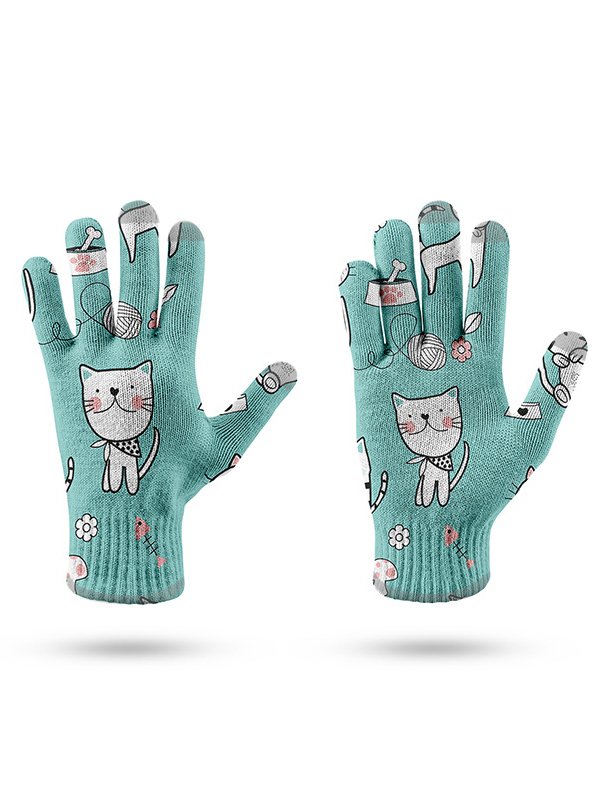 Lässig Katzenmuster Baumwolle fünf Finger Handschuhe Herbst Winter Spaß Kartoon Zubehör