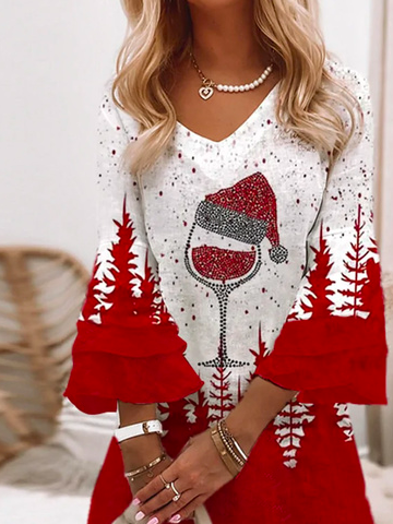 Weihnachten Wein Glas V-Ausschnitt Party Weit Tunika Kleid