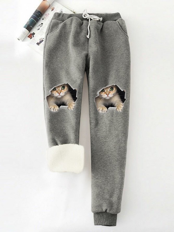 Lustig Katze Vlies Elastische Taille Freizeithose