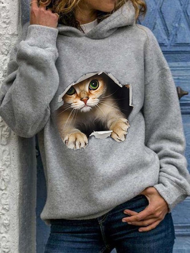 Kapuze Katze Print Lässig Plüsch Sweatshirt