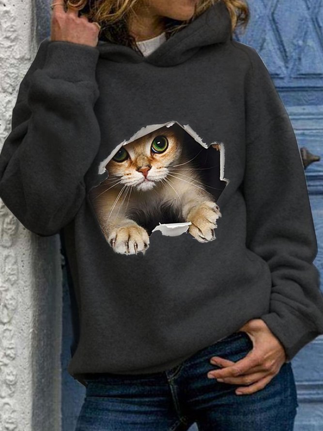 Kapuze Katze Print Lässig Plüsch Sweatshirt