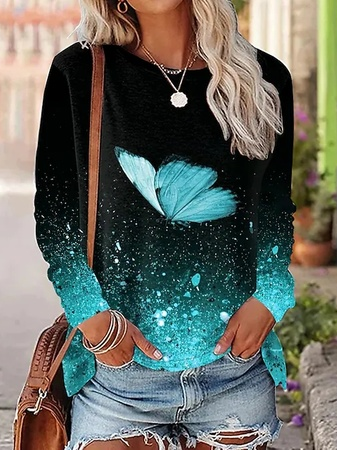 Schmetterling Langarm T-Shirt Lässig Elegant für Herbst Noracora