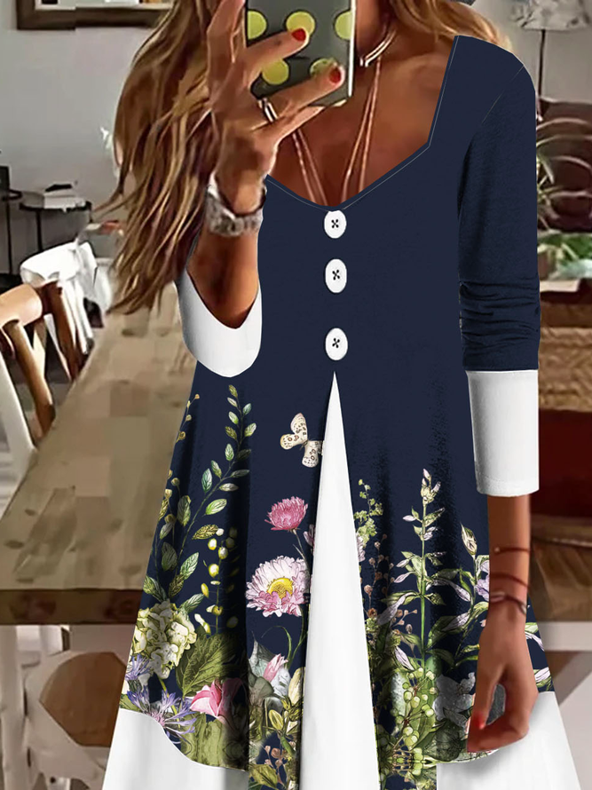 Blau Geblümt Lässig Fluff/Granular-Fleece-Stoff Schnalle Kleid