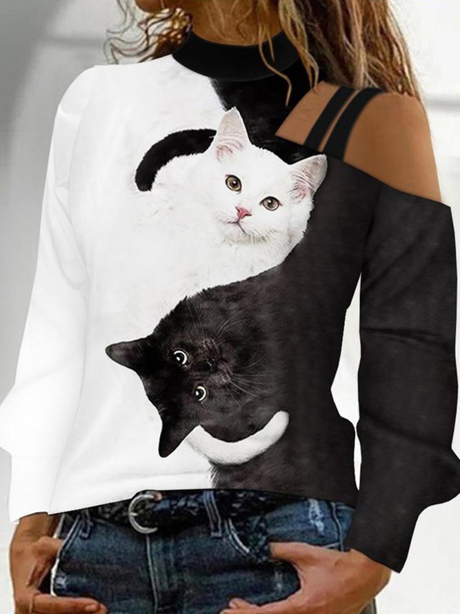 Katze Ausgehöhlt Lässig Neckholder Jersey T-Shirt