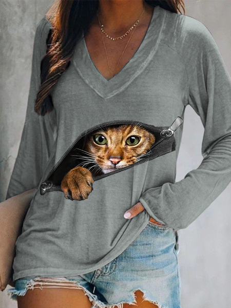 Lässig Langarm V-Ausschnitt Katze T-Bluse Tunika