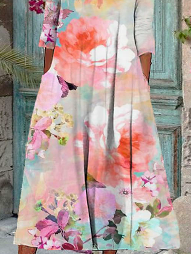 Jersey Urlaub Rot Geblümt Kleid