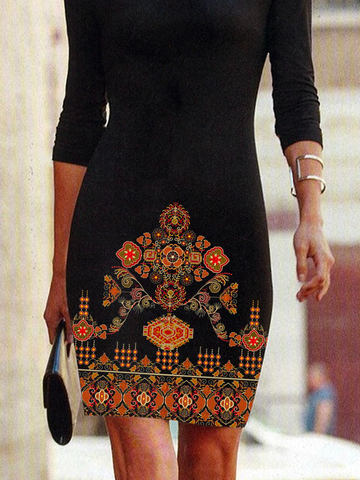 Rundhals Lässig Ethnisch Tunika Kleid