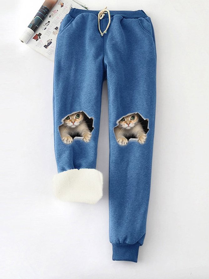 Lustig Katze Vlies Elastische Taille Freizeithose