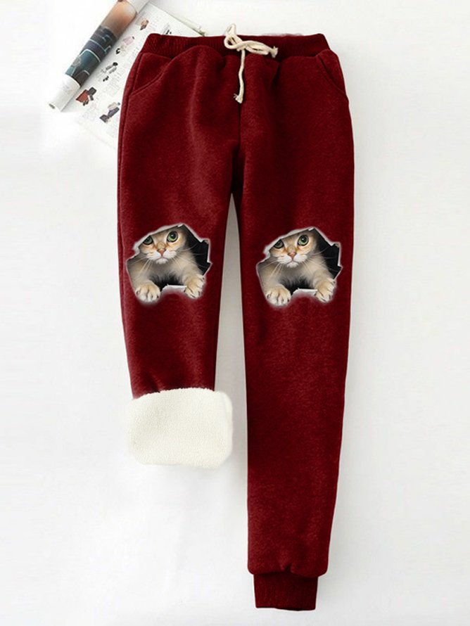 Lustig Katze Vlies Elastische Taille Freizeithose