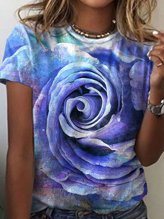 Jersey Lässig Rundhals Blau Geblümt T-Shirt