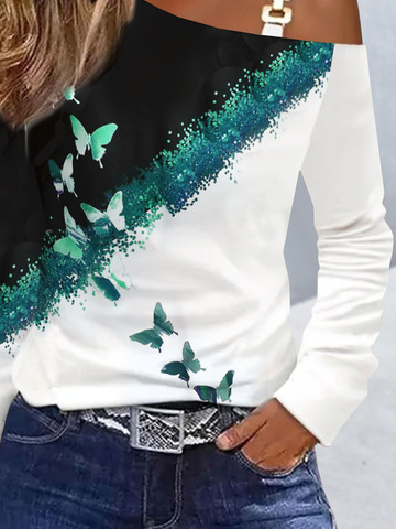 Schmetterling Print Schnalle Jersey Kalte Schulter Lässig Oberteile