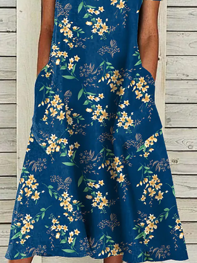 Weit Lässig Blau Geblümt Kleid