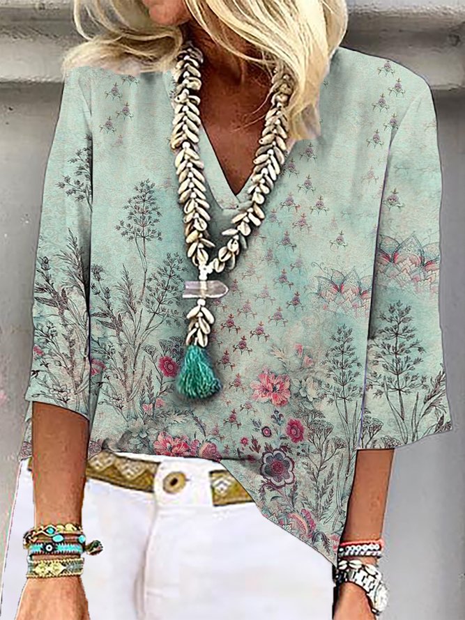 Blumenmuster Bluse lässiger V-Ausschnitt Langarm Noracora