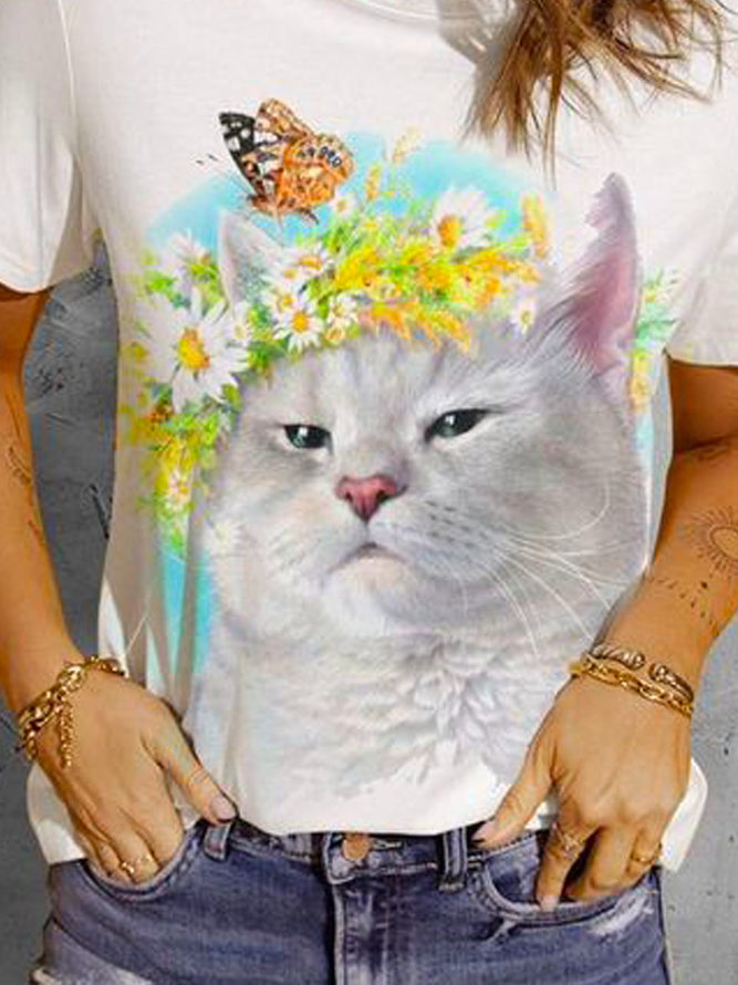 Rundhals Katze Lässig T-Shirt