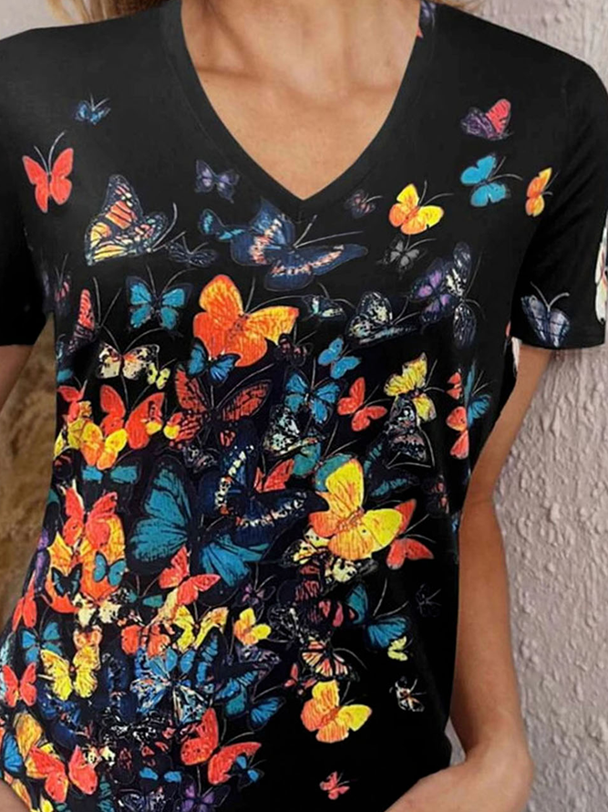Schmetterling Lässig V-Ausschnitt T-Shirt