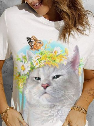 Rundhals Katze Lässig T-Shirt