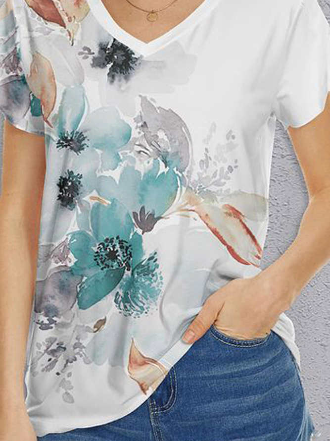 Jersey Blau Geblümt Weit Lässig T-Shirt