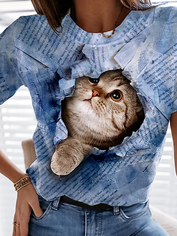 Rundhals Lustig Katze Lässig T-Shirt