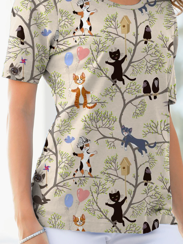Lässig Rundhals Katze T-Shirt