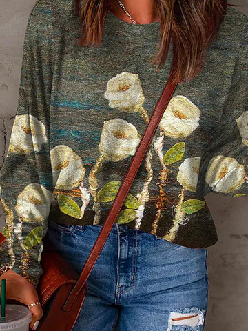 Weit Lässig Geblümt Rundhals T-Shirt