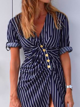 Kreuzhals Lässig Gestreift Kleid