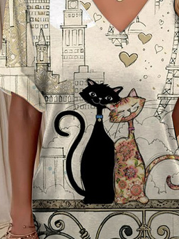 Katzen Muster Shirt Tunika lässig V-Ausschnitt Jersey Noracora