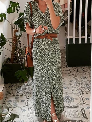 Boho Maxikleid Blumen Print V-Ausschnitt halbe Ärmel Blusekleid Urlaub Noracora