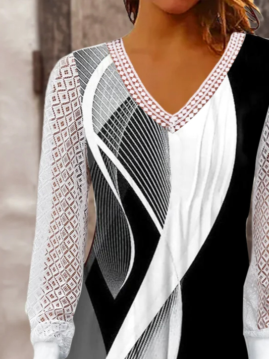 Abstrakt Print Shirt Hohl-Design Jersey Langarm Noracora