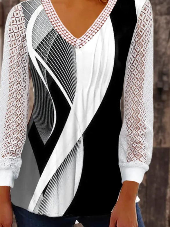 Abstrakt Print Shirt Hohl-Design Jersey Langarm Noracora