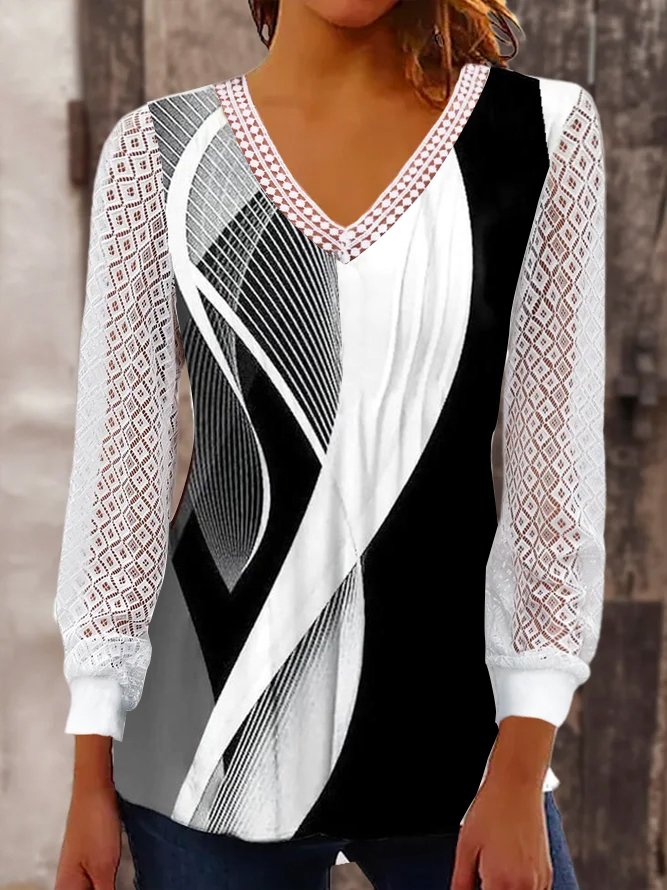 Abstrakt Print Shirt Hohl-Design Jersey Langarm Noracora