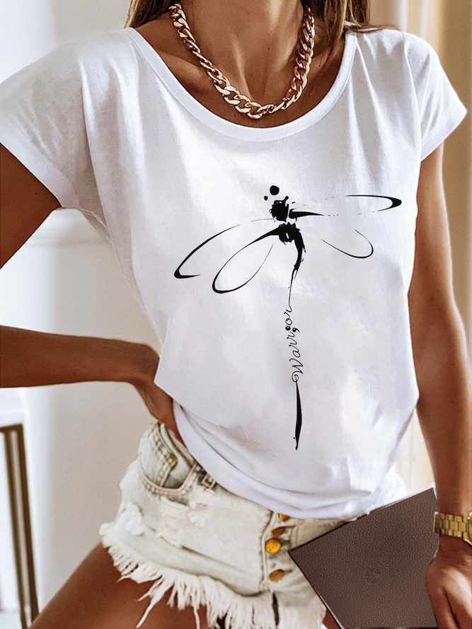 Libelle Print T-Shirt Lässig Jersey Rundhals Kurzarm Noracora