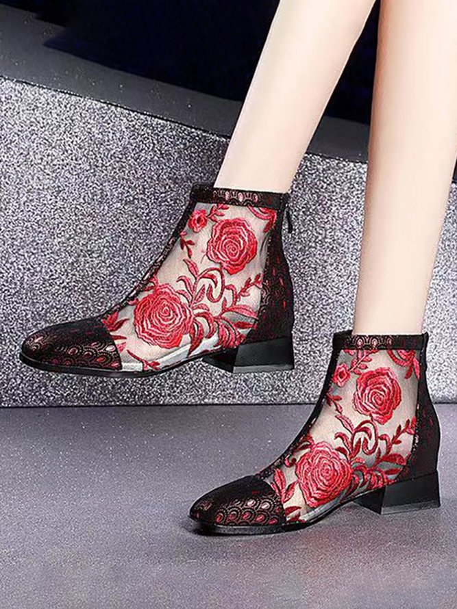 Retro Bestickt Geblümt Spitzennähte Kleid Sandale Stiefelette