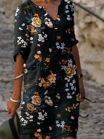Sommer Blumen Print Kleid Midi V-Ausschnitt halbe Ärmel Lässig Noracora