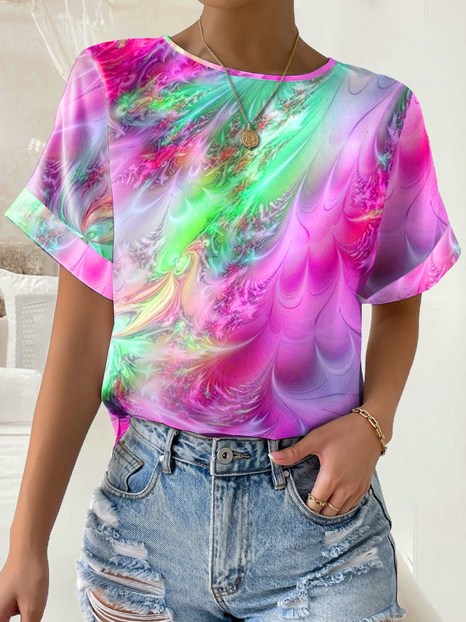  Abstrakt Print T-Shirt Lässige Rundhals halbe Ärmel Noracora