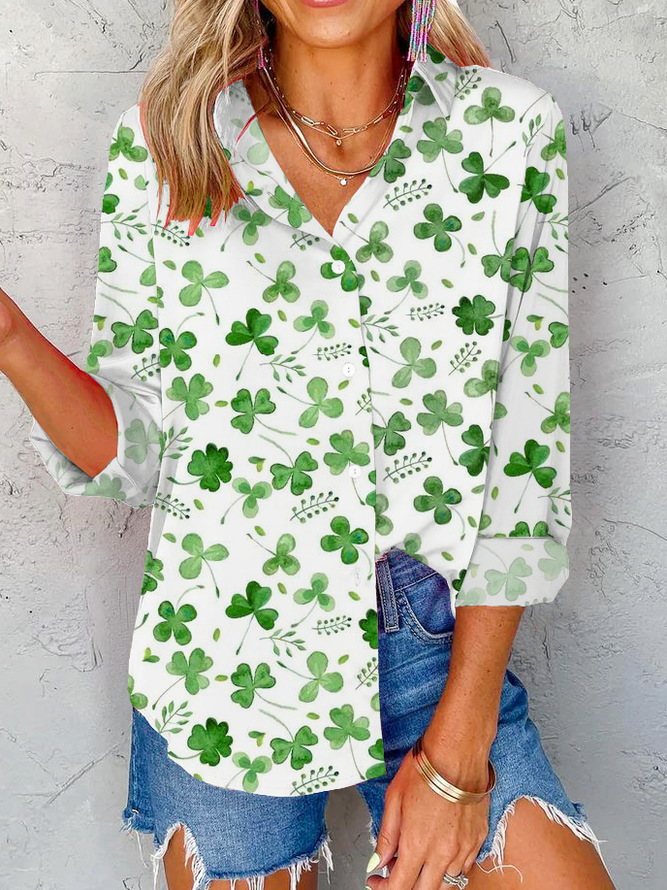 NS. Patricks Day Hemdkragen Lässig vierblättriges Kleeblatt Weit Geknöpft Bluse