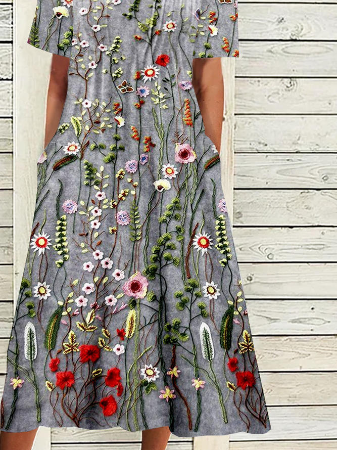 Gekerbt Blumenmuster Lässig Jersey Kleid