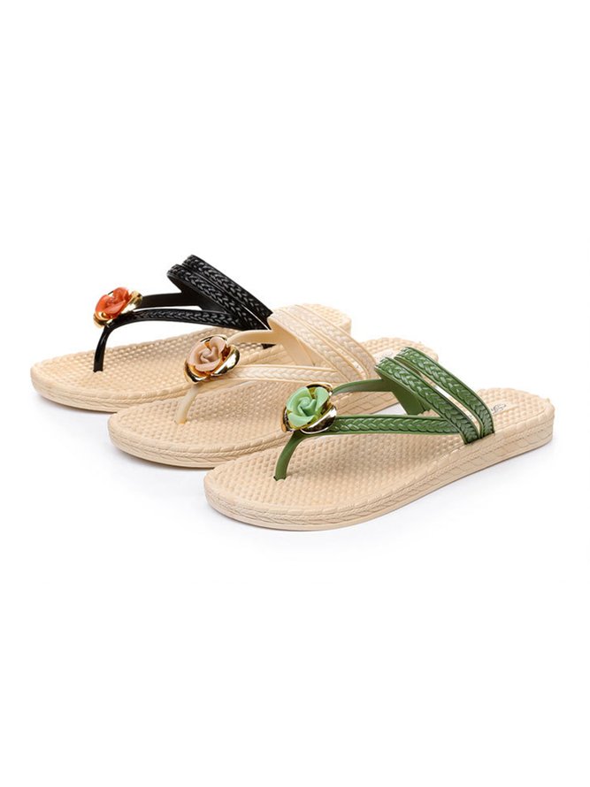 Geblümt Muster Flip-Flops Geflochtener Riemen Strand Urlaub Noracora