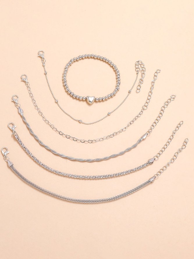 6 STÜCKE Silber Metall Perlen Herzenmuster Multilayer Armband Set