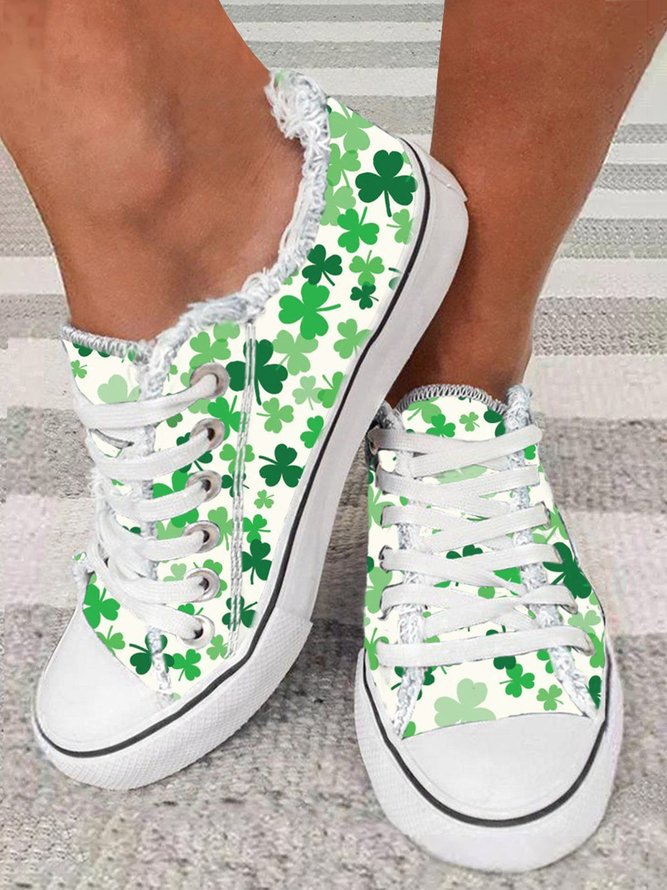 Damen Lässig Kleeblatt Print Schnürung Segeltuch Schuhe