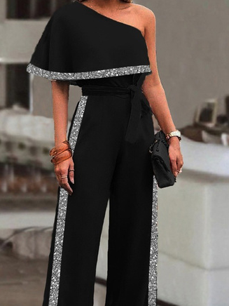 Glitzernd Unifarben Halbarm Schulterfrei Lässig Jumpsuit